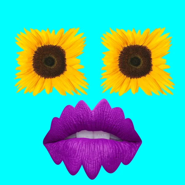 Collage Art Contemporain Concept Tournesols Comme Yeux Lèvres Roses — Photo