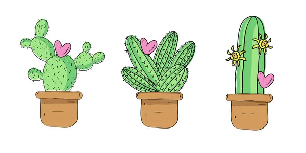 Kaktüsler illüstrasyon kalp, vektör kaktüsler çizim için davet, projeler, scrapbooking
