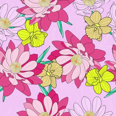 Çiçek seamless modeli, bahar çiçekleri arka plan 