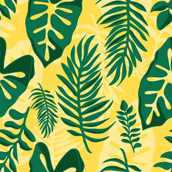 黄色の背景のジャングルの葉パターン — ストックベクタ