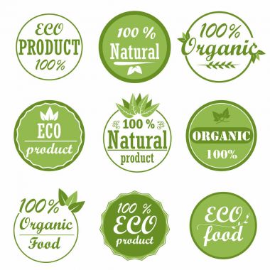 Sağlıklı organik gıda etiketleri ve yüksek kaliteli ürün rozetleri kümesi. Eco, % 100 organik ve doğal ürün simgeleri. Koleksiyon Amblemler için kafe, ambalaj vb..