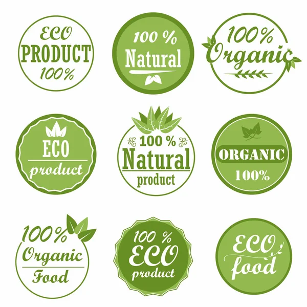 Set van gezonde biologische voedseletiketten en hoge kwaliteit product badges. Eco, pictogrammen van 100% biologische en natuurlijke producten. Collectie emblemen voor café, verpakking enz. Rechtenvrije Stockafbeeldingen