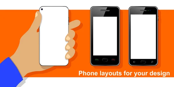 Teléfono Mano Conjunto Teléfonos Inteligentes Para Diseño Fondo Naranja Ilustración — Vector de stock