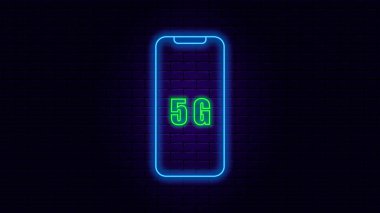 Neon telefon simgesi, tuğla duvar arka planında mavi neon 5g telefon, vektör illüstrasyonu