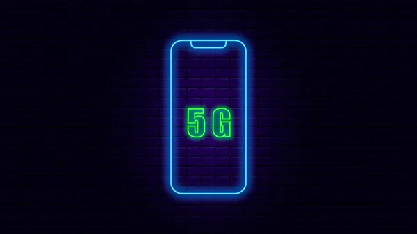 Neon telefon simgesi, tuğla duvar arka planında mavi neon 5g telefon, vektör illüstrasyonu