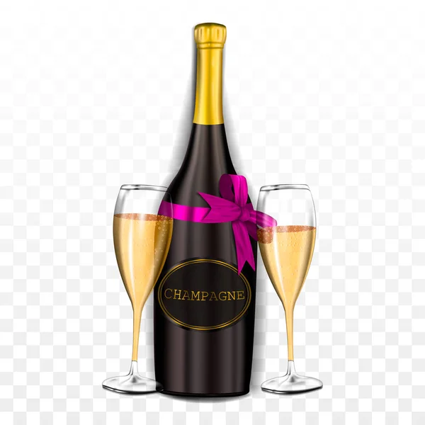 Realistische Champagnerflasche Mit Schöner Rosa Schleife Und Zwei Transparenten Champagnergläsern — Stockvektor