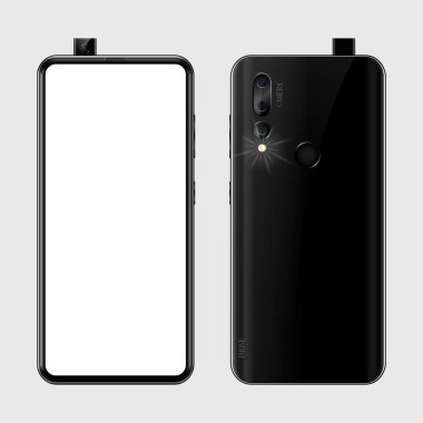 Tasarımınız için izole edilmiş arka planda boş ekranlı siyah akıllı telefon kamera, flaş ve parmak izi, vektör illüstrasyonlu telefon.