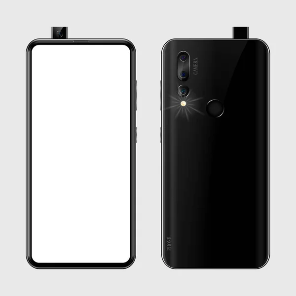 Tasarımınız için izole edilmiş arka planda boş ekranlı siyah akıllı telefon kamera, flaş ve parmak izi, vektör illüstrasyonlu telefon.