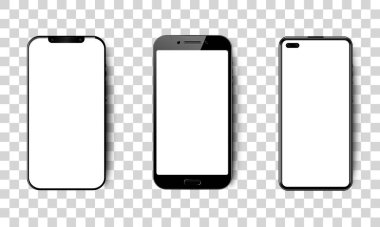 Boş ekranlı gerçekçi akıllı telefonlar, izole edilmiş arka planda boş ekranlı siyah cep telefonu, vektör illüstrasyonu