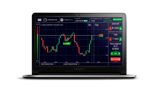 Binární Opce Obchodní Platforma Výměnné Rozhraní Obrazovce Realistického Černého Notebooku — Stockový vektor