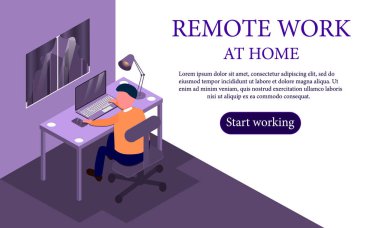 Evinde uzaktan çalışan bir adam modern düz stil, masaüstü, dizüstü bilgisayar ve akıllı telefon, evdeki mesafe çalışması konsepti, modern web sitesi şablonu, vektör ilülasyonu
