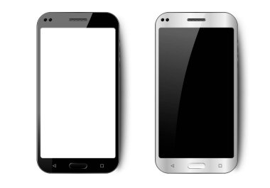 Gölge, kamera ve parıltı ile siyah beyaz gerçekçi akıllı telefon, izole edilmiş arkaplan, vektör illüstrasyonunda tasarımınız için boş ekran ile cep telefonu modeliName