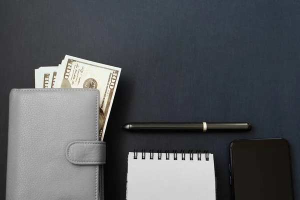 Business Layout Purse Notepad Black Background — Stock Photo, Image