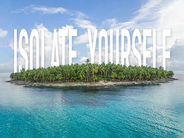 Tropical uninhabited island atoll covered with a lash coconut forest with a sign \