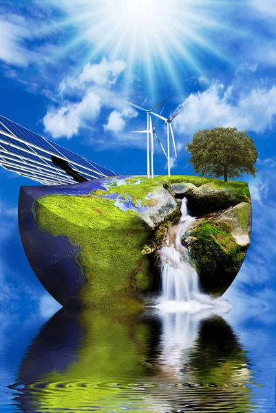 Rüzgar türbinleri ve güneş panelleri dünya görüntüsü üzerinde — Stok fotoğraf