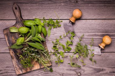 Kaba ahşap masada taze kokulu bitkiler var.