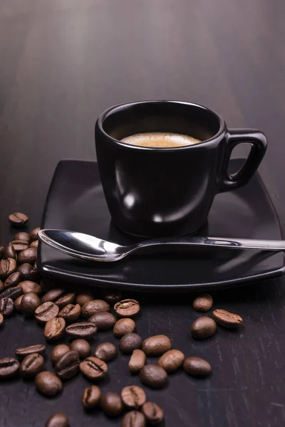 Caffè Espresso Elegante Tazza Nera Con Piattino Cucchiaino — Foto Stock