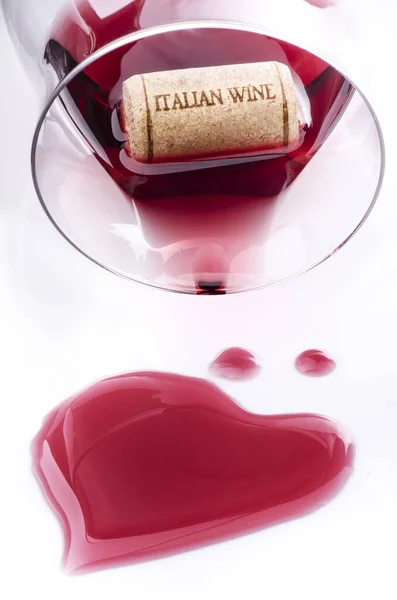 Inverted Glass Red Wine Which Cork Stopper Floats Inscription Italian — Stock Photo, Image