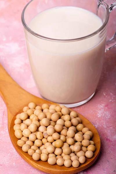 Foreground Glass Soy Milk Soy Beans Wooden Spoon — Stock Photo, Image
