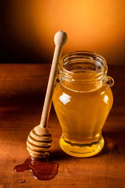 Bocal Verre Avec Miel Acacia Avec Une Louche Bois Nature — Photo