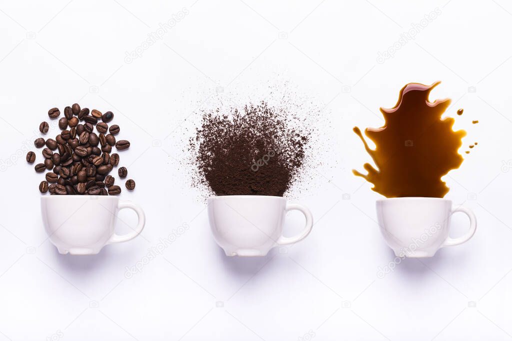 isolated from the white background, three cups from which the coffee comes out: in beans, ground and liquid