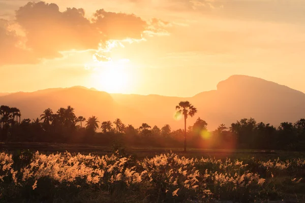 Pôr do sol atrás das montanhas . — Fotografia de Stock