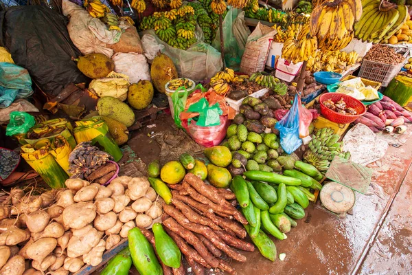 Verkoop Van Bananen Rijp Vla Appels Jam Bonen Nangka Papaja — Stockfoto