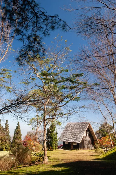 Paisagem panorâmica de casa de campo de madeira na floresta de inverno . — Fotografia de Stock
