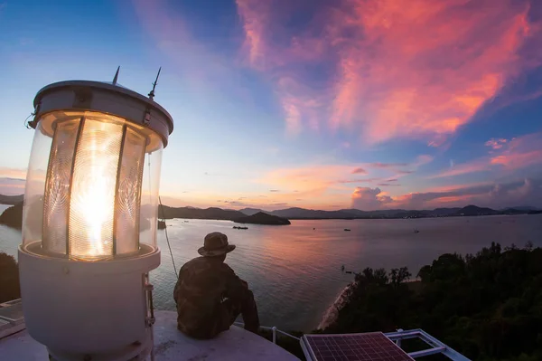 Beautiful top view of light house at twilight.