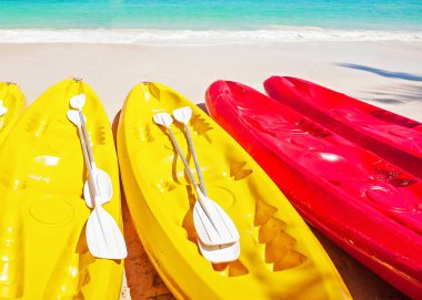 Tropikal bir sahilde renkli kanolar..