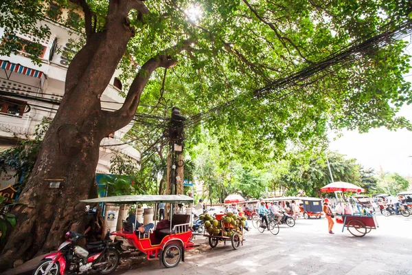 Moto de triciclo estacionado junto a la sombra del viejo árbol . — Foto de Stock