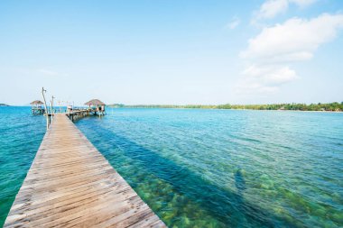 Empty wood bridge extending into the clear blue sea.