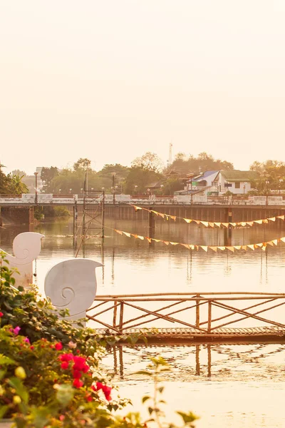 Old wood bridge with flagged and concrete bridge. — 스톡 사진