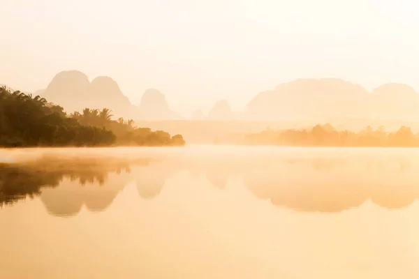 Landschaft Des Tropischen Sees Morgennebel Goldene Sonne Die Auf Den — Stockfoto