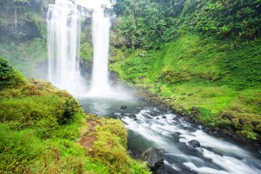 Güney Laos 'taki Bolaven Platosu' nda bulunan tropikal şelaleler yemyeşil ve taze çiçek açmaktadır. Uzun pozlama.