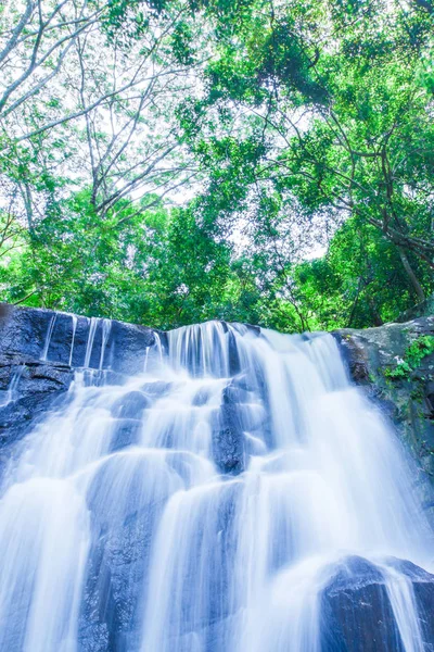 夏の朝に深い層の上に落ちる古代の熱帯の滝 背景に原生林の緑豊かな葉 長時間露光 — ストック写真