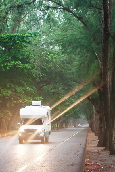 Viajando Una Autocaravana Carretera Pino Atardecer Una Autocaravana Autocaravana Que — Foto de Stock