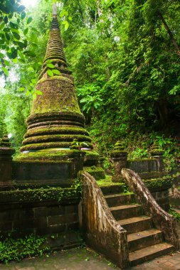 Yağmur mevsiminde tropikal ormandaki antik pagoda, antik pagoda 'da yemyeşil yosun ve liken yetişir. Namtok Phlio Ulusal Parkı, Tayland.