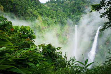 Harika Tad Fane şelalesi, sisli, pitoresk yağmur mevsiminde ikiz şelalede, Güney Laos 'ta turistik eğlence..