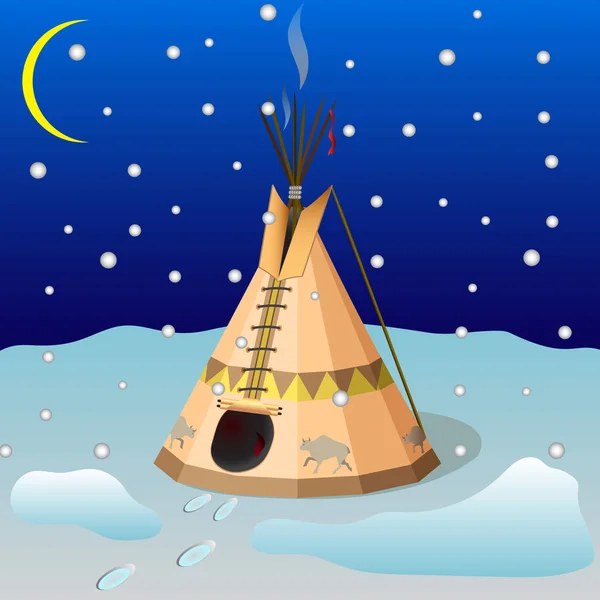 北美印第安人的传统家园在晚上 在冬季 — 图库矢量图片