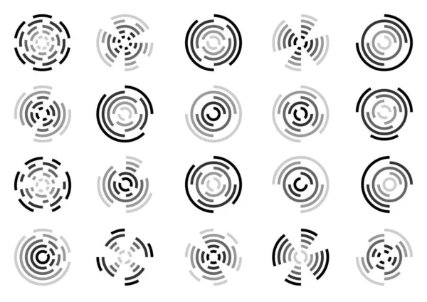 Uppsättning ikoner för fyrverkerier och explosioner av cirkulär form med hjälp av excentriska cirklar och deras segment — Stock vektor