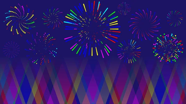 Különböző formájú és stílusú, sokszínű tűzijáték — Stock Vector