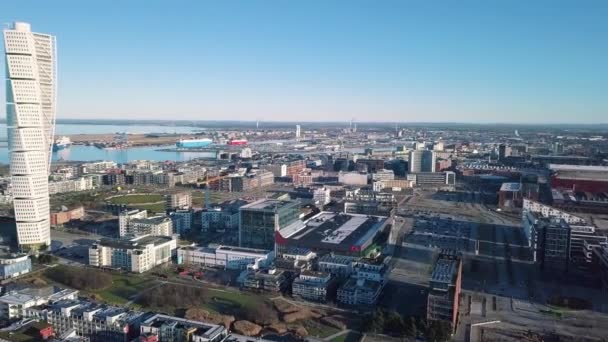 Luchtfoto Uitzicht Van Golf Van Malmö Met Eresund Bridge — Stockvideo