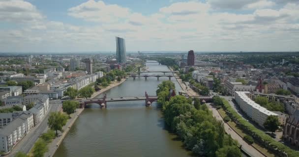 Flyg Över Frankfurt City Vallen Och Floden Main Med Utsikt — Stockvideo