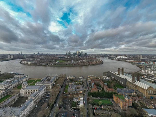 Vista aérea del distrito de Greenwich con Cutty Sark y la Isla de los Perros . —  Fotos de Stock
