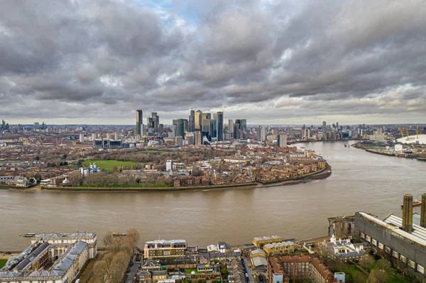 Vista aérea del distrito de Greenwich con Cutty Sark y la Isla de los Perros . —  Fotos de Stock