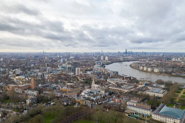 Vista aérea del distrito de Greenwich con Cutty Sark y la Isla de los Perros . —  Fotos de Stock