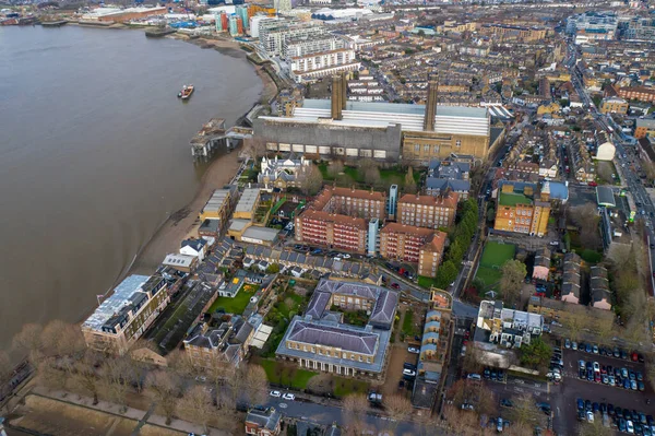 Greenwich district luchtfoto met Cutty Sark en het eiland van honden. Stockafbeelding