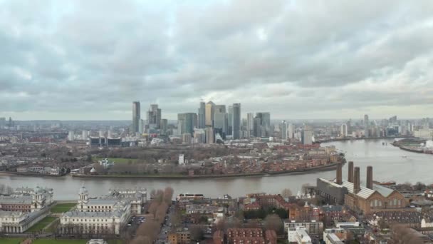 Greenwich London Körzeti Légi Felvétel Cutty Sarkkal Kutyák Szigetével Temze — Stock videók