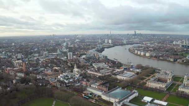 Greenwich London District Aerial View Cutty Sark Isle Dogs Thames — Stock Video